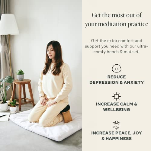 Bamboo Bench and Zabuton Meditation Mat Bundle - Small Kneeling Meditation Bench with Locking Magnetic Hinges - Wooden Kneeling Ergonomic Bamboo Seiza and Mat for Meditation
