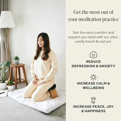 Bamboo Bench and Zabuton Meditation Mat Bundle - Small Kneeling Meditation Bench with Locking Magnetic Hinges - Wooden Kneeling Ergonomic Bamboo Seiza and Mat for Meditation
