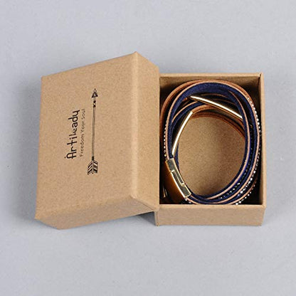 Artilady Leather Wrap Bracelets for Women - Pearl Bracelets Handmade Clasp Bangle Bracelet with Beads Jewelry Gift for Women and Mother - style: Blue with Gold bar