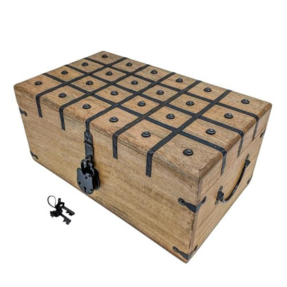 Handmade Pirate Treasure Chest - Rustic Decorative Jewelry - Wooden Storage Box with Iron Lock & Skeleton Key - size: XXL 17 x 10 x 8