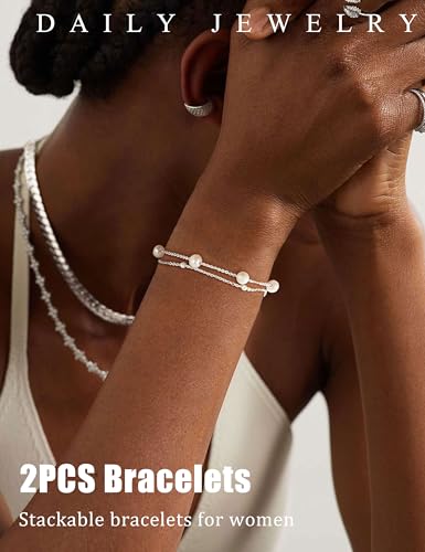 KOHOTA Silver Gold Bracelets for Women Trendy 14K Gold Plated Bracelet for Women Non Tarnish Dainty Stackable Layered Chain Heart Pearl Knot Beaded Bracelets Stack Set Charm Mothers Day Jewelry Gifts - color: B.Pearl-silver