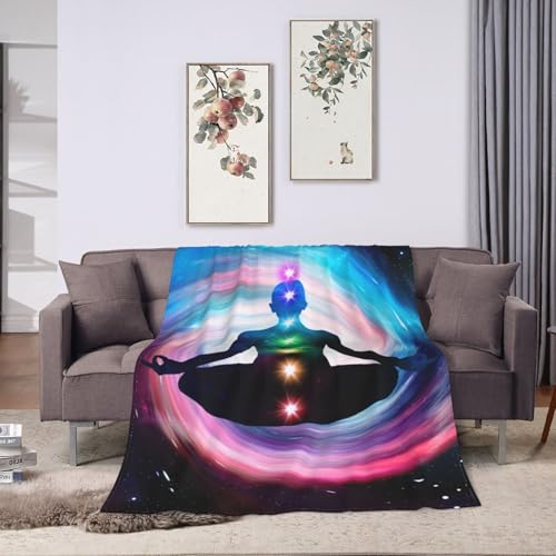 Space Meditation with Glowing Chakras Premium Flannel Blanket - Lightweight Throw for Bed & Sofa, Double-Sided Geometric Print80 X60 - size: 80"x60"