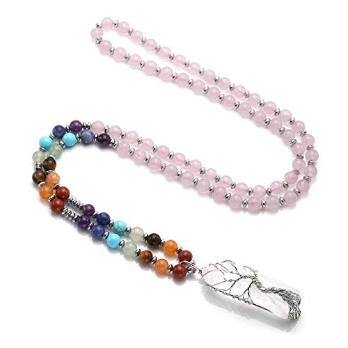 Jovivi Natural 7 Chakras Healing Crystals Necklace Wire Wrapped Clear Quartz Stone Pendant Healing Pointed Reiki Energy Balancing - color: Rose Quartz Crystal