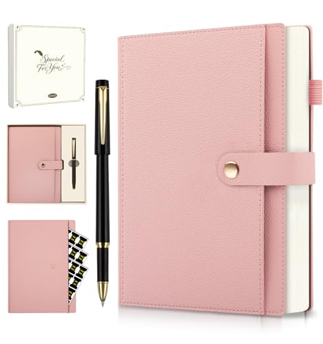 A5 Lined Leather Journal Notebook, Hardcover Journal Set with Pen, Monthly Index Tabs and Gift Box, 320 Pages 100GSM Thick Paper, Thick Daily Diary, Journal for Women, Men, School, Travel, Work(Pink)