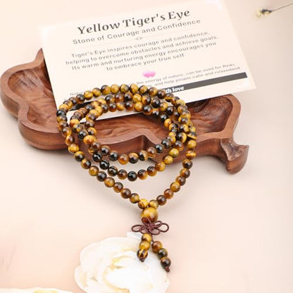 AD Beads 6mm 8mm 108 Prayer Mala Jasper Elastic Bracelet - Handmade Yoga Meditation Healing Power Energy Gifts for Unisex Adult. - color: Yellow Tiger's Eye(Courage)