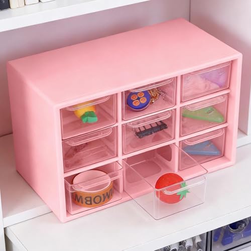 9-Grid Drawer Storage Box, Compact Jewelry Organizer Box for Desk, Multi-Function Storage with Clear Drawers for Office Home and Craft Supplies - color: pink