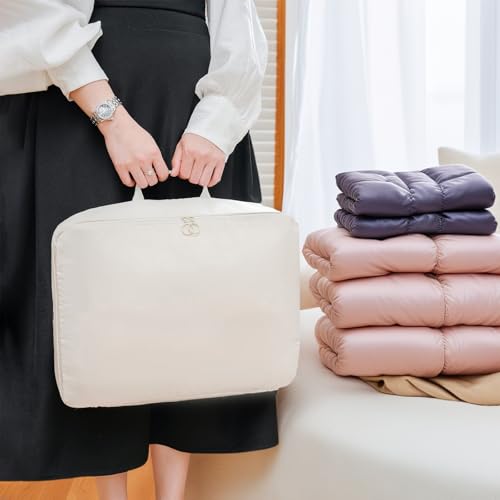 Storage Bag, Large Capacity Clothes Organizer with Handle, Travel Moving Clothing Storage Bag for Down Jacket Closet Quilts and Bedding (White, Medium) - color: White, size: Medium