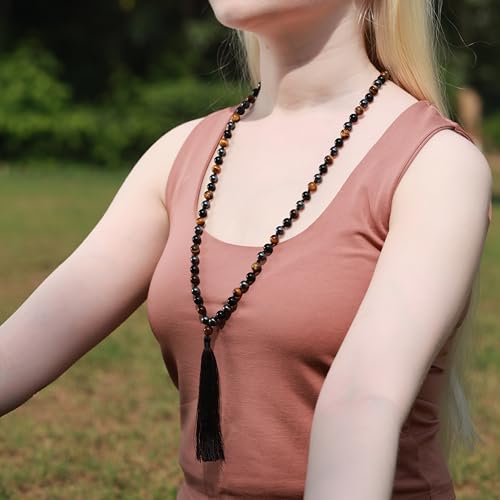 8mm Triple Protection Mala – Black Obsidian, Tiger Eye & Hematite 108 Bead Meditation & Prayer Necklace with Lab Certified Authenticity