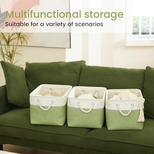Large Storage Baskets- 15x11x10 inch Storage Bins for Shelves and Closet Organizing, Foldable Fabric Bin for Home Organization Clothes and Laundry (1-Pack, White&Green)