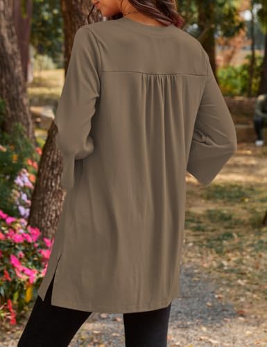 Poetsky Womens Tunic Tops 3/4 Bell Sleeve Loose Fit Tunics Dressy Casual Side Split Flare Top for Leggings S-3XL - color: Dark Brown, size: Small