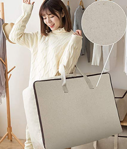 Breathable Canvas Cotton Soft Storage Bags with Handles & 3-side Zip, Good for Cotton Clothes Bedding Organizer Bins, Beige, 3pcs