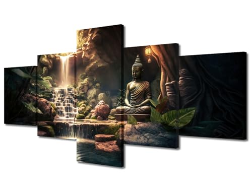 TUMOVO Wall Art for Living Room Zen Garden with Lotus Flower Home Decor Buddha Statue Wall Paintings Wall Decor Art Zen Buddha Pictures 5 Pieces Posters and Prints Ready to Hang (50''Wx24''H) - color: Artwork-03, size: 50''Wx24''H