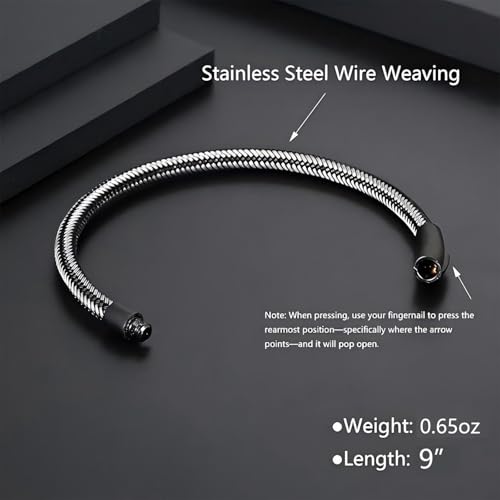 Men's Leather Bracelet, Stackable Stainless Steel Clasp Bracelets for Men Stylish Birthday, Thanksgiving, Valentine's Day Gift for My Man - style: 9" Silver and Black Cord