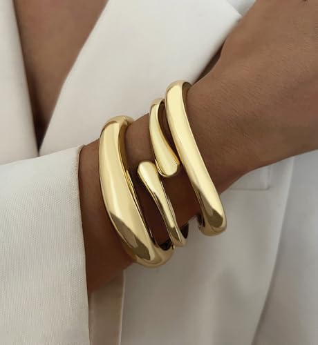 Chunky Gold Bangle Bracelets for Women, Dainty 14k Gold Plated Big Stackable Bangles Set, Trendy Statement Cuff Bracelet Stack Fashion Jewelry Gifts - style: A7-gold