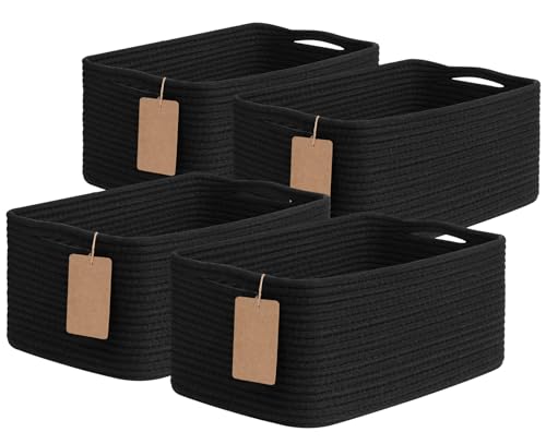 Goodpick 4 Pack Storage Baskets for Shelves, Rectangle Cotton Rope Baskets for Organizing, Closet Storage Bins for Baby Toys, Decorative Woven Basket with Handles, 13''L x 8''W x 6''H, Black - color: Black
