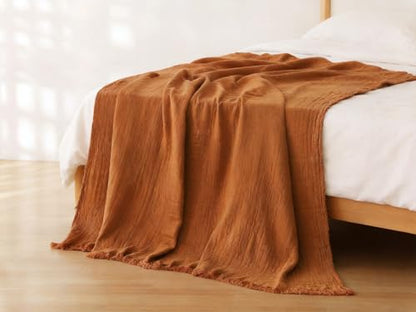 100% Cotton Muslin Throw Blanket for Bed, Couch, Travel, Luxuriously Soft, Pre-Washed, Breathable and Lightweight Gauze Blanket with Tassels, Suitable for All Seasons, Rust, 50"x60" - color: Rust