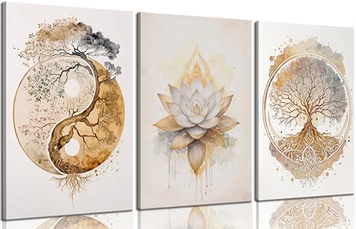 Tree of Life Canvas Wall Art Lotus Zen Painting Picture Wall Decor Abstract Yin Yang Fall Art Poster Print Artwork for Living Room Yoga Room Hotel Bedroom Home Decoration