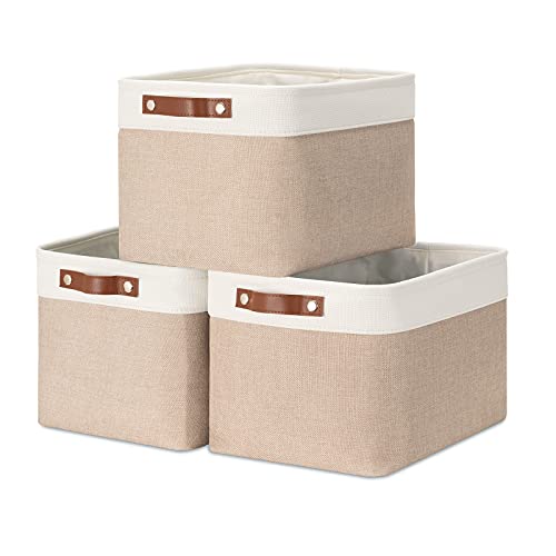 HNZIGE Fabric Storage Baskets for Shelves, Large Collapsible Storage Baskets for Organizing, Decorative Baskets Bins Set with Handles for Closet, Clothes,Home (3 Pack, White&Khaki,15" x 11" x 9.5") - color: white&khaki, size: 15*11*9.5 in-3 Pack