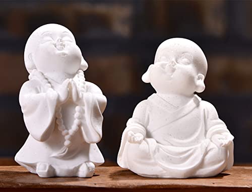 fazhongfa 2pcs Buddha Statue Happy Laughing Buddha Figurine Cute Small Monk Statues Mini Maitreya Buddha Minimalist for Desktop Ornament Home Decor Car Dashboard and Shelf Decorations Buda (White) - color: White
