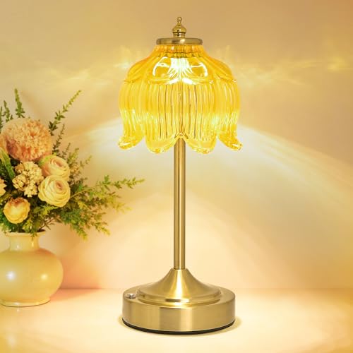 Cordless Lotus Flower Table Lamp, 5200mAh Rechargeable Battery Operated Portable Lamp, 3-Color Dimmable Touch Control Small Desk Lamp for Bedroom, Office, Kitchen, Nightstand,Room Decor (Yellow) - color: Yellow