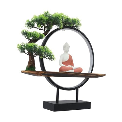 Buddha Statue with LED Circle Table Lamp Artificial Plants Fake Bonsai Tree Buddha Ceramic Statue Indoor Meditation Decoration for Home and Office,18.7 * 3.9 * 16.5in (Buddha-3)