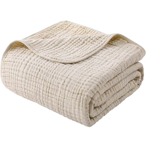 Yoofoss Muslin Blanket 100% Organic Cotton Throw Large 90" x 90" for Bed Couch Summer Gauze Blanket for Adults Lightweight and Breathable Apricot White - color: Apricot White, size: 90" x 90"