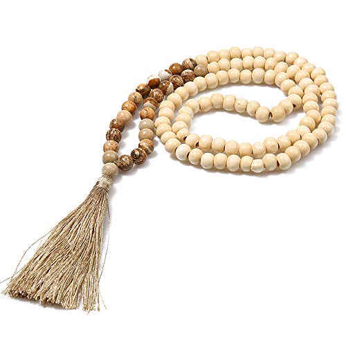 8MM Semi-Precious Gem Stones Wood Mala Bead Necklace Multicolor Tassel Charms Chain Necklace Handmade Beaded Pendant Necklace for Women Men - color: Wooden+Picture Jasper