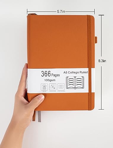Thick College Ruled Notebook with 366 Numbered Pages, A5 Journals for Writing with 100GSM Lined Paper, Hardcover Leather Notebooks for Women Men School Note Taking Office Work Diary, 5.7"x8.3" Black