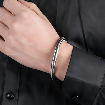 Men's Leather Bracelet, Stackable Stainless Steel Clasp Bracelets for Men Stylish Birthday, Thanksgiving, Valentine's Day Gift for My Man - style: 9" Gunmetal Color Button