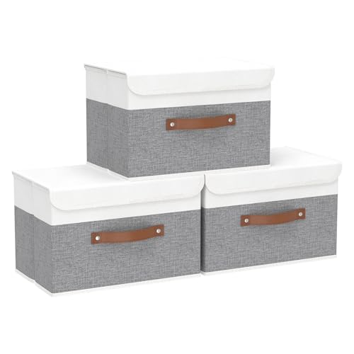 Yawinhe Storage Boxes with Lids, Linen Fabric Bin, Cube Organizer Basket, Washable and Leather Handle, for Home, Closet, White/Grey, 15.0''Lx9.8''Wx9.8''H, 3-Pack, USNK024WGL-3 - color: White/Grey, size: L/(3 Pack)