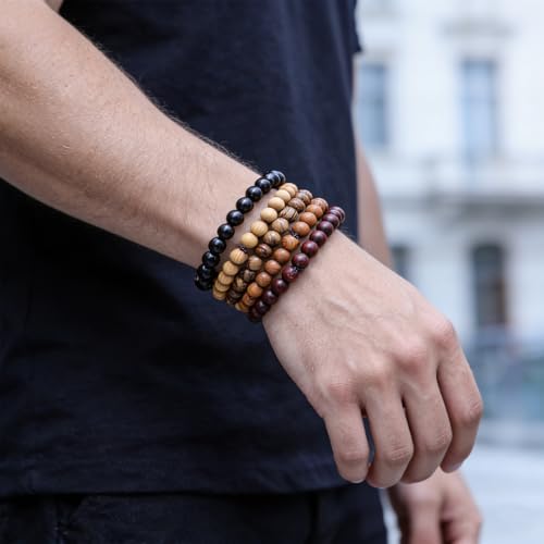 5Pcs Natural Wood Bracelets with Hematite Stone Cross Religious Tibetan Buddhist Christian Style