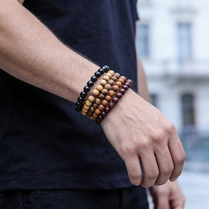5Pcs Natural Wood Bracelets with Hematite Stone Cross Religious Tibetan Buddhist Christian Style
