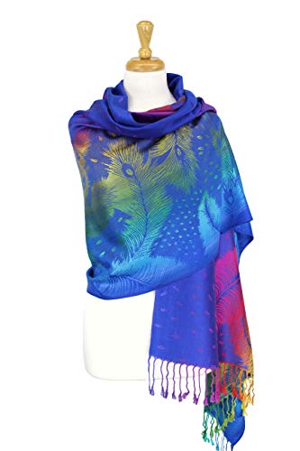PASKMLNA Double Side Multi Colors Silky Tropical Colorful Exotic Pashmina Wrap Shawl Scarf Rave - color: 050-royal Blue Multi Feathers