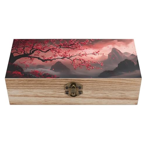 Red Plum Blossom Cherry Blossom Vintage Wooden Storage Box with Hinged Lid – Rustic Natural Wood Keepsake Box for Jewelry, Trinkets, And Photos – Decorative Small Chest Organizer (7.9" X 3.9" X 2.3") - color: black-5