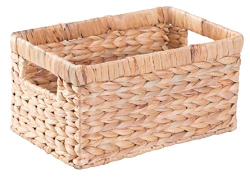 Natural Woven Water Hyacinth Rectangular Wicker Basket with Handles, Small Storage Bin Organizer, 12 Inch Shallow Basket Tray - size: Small