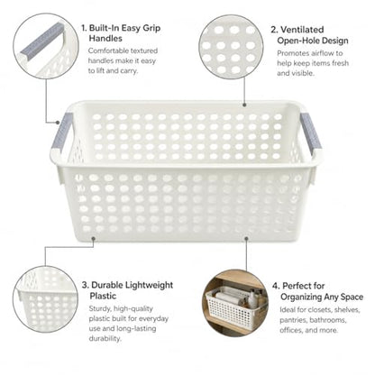 Basicwise Set of 3 White Rectangular Plastic Storage Basket with Easy-Grip Handles Ventilated Organizer Bin for Bathroom Pantry Closet Laundry Kitchen Shelf Countertop & Home Organization Essentials - size: Set of 3