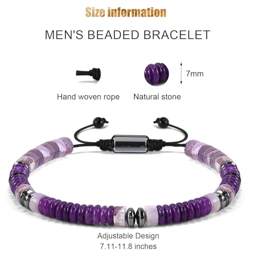 VIBILIA Healing Crystal Bracelets Beaded Bracelets for Men Women Natural Stone Adjustable Bracelets Unique Gifts for Father Son Grandfather Brother Friend - color: Amethyst