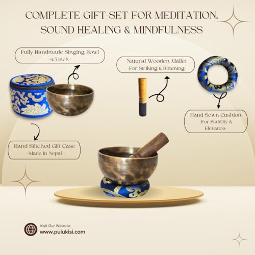 4.5 inch Handmade Tiger Antic Singing Bowl Set - Includes Wooden Mallet, Cushion & Gift Case - Handmade Sound Healing Bowl Set for Yoga, Mindfulness & Spring Meditation - Made in Nepal