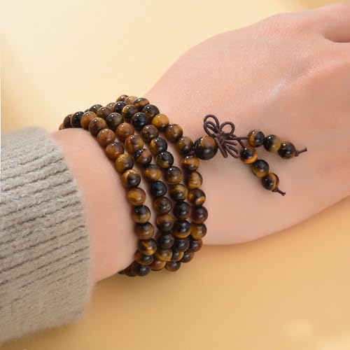 108 Mala Prayer Beads Bracelet 6mm Genuine Gemstone Healing Crystal Stone Beaded Bracelet Buddhist Tibetan Handmade Knotted Elastic Necklace for Yoga Meditation Unisex Women Men - color: Yellow Tiger Eye