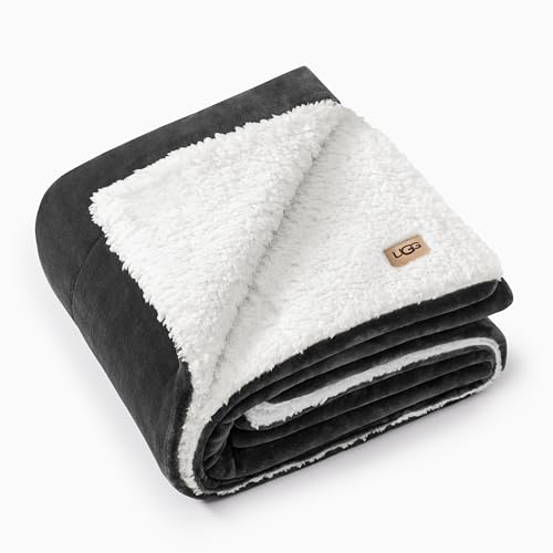 UGG Nita Throw Blanket for Bed, Soft Reversible Plush Throw for Couch and Living Room, Cozy Fluffy Blanket, Washable Bedding, Home Decor, 50-inch x 70-inch, Charcoal Grey - color: Grey, size: Throw
