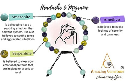 Amazing Gemstone Bracelet for Headaches and Migraines - Amazonite Serpentine Amethyst Bracelet Set for Men Women Healing Calming Anxiety Stress Relief Gifts Pulseras Para Hombres Mujer (Adjustable) - color: Headache & Migraine