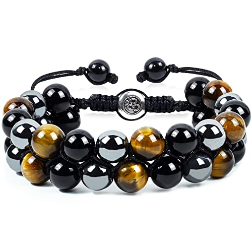 Triple Protection Bracelet Natural Black Obsidian Tigers Eye Hematite Beads Crystal Bracelet Healing Bracelets for Men Women Bring Prosperity Luck and Health - color: Black