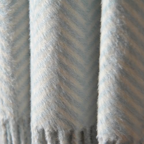 CUDDLE DREAMS Silk Throw Blanket with Hand-Knotted Fringe, Natural, Soft & Breathable (Herringbone Blue) - color: Herringbone Blue