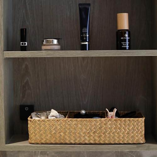 Seagrass Storage Basket 3 Sections Woven Shelf Baskets with Compartment (Natural, 14.6inch x 4.7inch x 3.1inch) - color: Natural 3 Sections without Lid