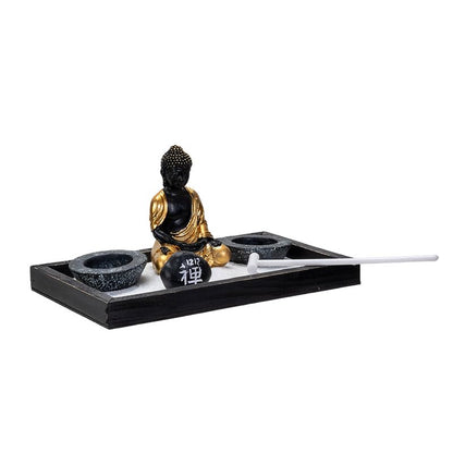 Summit Collection Gifts Meditation Zen Garden Set with Black and Gold Buddha Figurine Two Tea Light Candle Holders White Sand Decorative Wood Display Tray Decor 9" x 5"