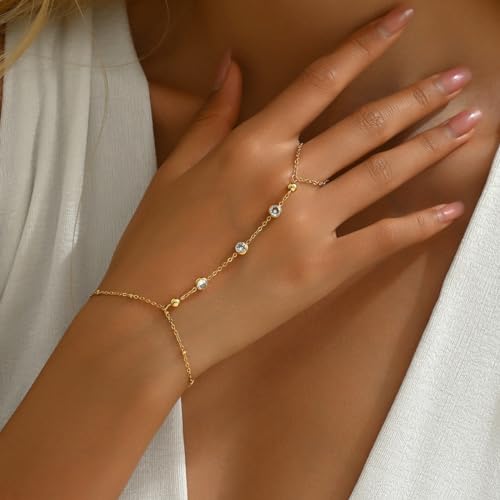 18K Gold Plated Hand Chain Bracelets for Women, Dainty Cubic Zirconia, Heart, Beads, Bamboo Link Charm Bracelet, Trendy Adjustable Finger Ring Bracelet, Hand Chain Jewelry, Christmas Gifts - style: Bead CZ Hand Chain