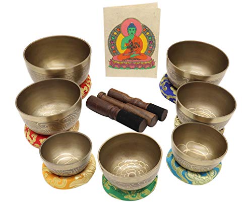 Singing Bowl Set of 7, Thadobati Design Himalayan Sound Bowl, Handcrafted, Hand hammered, Comes w/silk cushions, 3 sticks, Buddhist card, Brocade Box Ideal for Meditation, Yoga, Mindfulness Healing