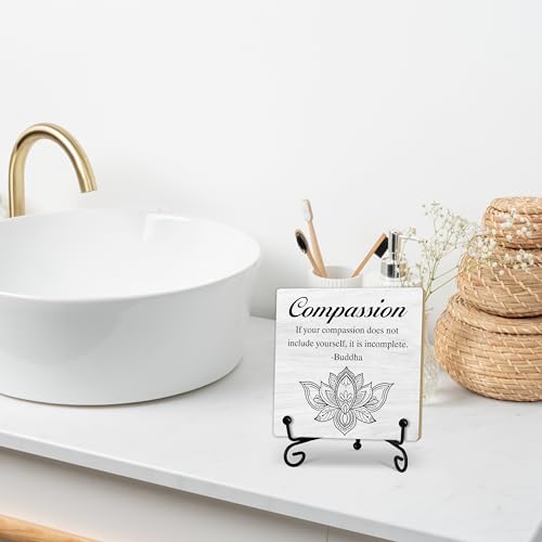 Buddha Compassion Quote Desk Decor, Funny Office Inspirational Gifts for Family Friends, Meditation Room Tabletop Decor, Zen Home Office Wooden Plaque Sign with Stand (J01) - style: Compassion