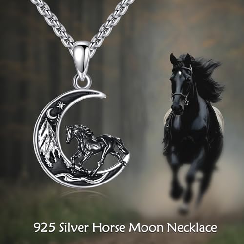 Sterling Silver Cute Animal Pendant Necklace Fox/Snake/Unicorn/Owl on Moon/Rabbit/Horse Necklace Jewelry for Women Mom Sister - style: Horse Moon