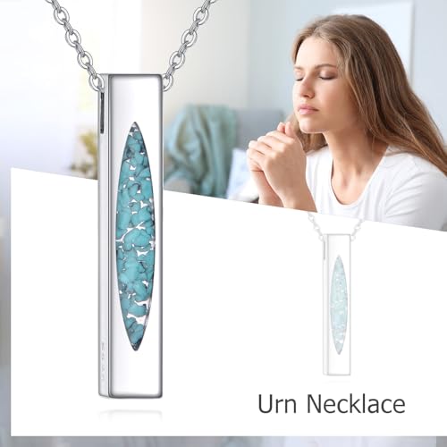 Cremation Urn Necklaces for Ashes Sterling Silver 3D Vertical Bar Memorial Pendant for Loved Ones Keepsake Cremation Jewelry Gifts for Women Men - style: Turquoise-B